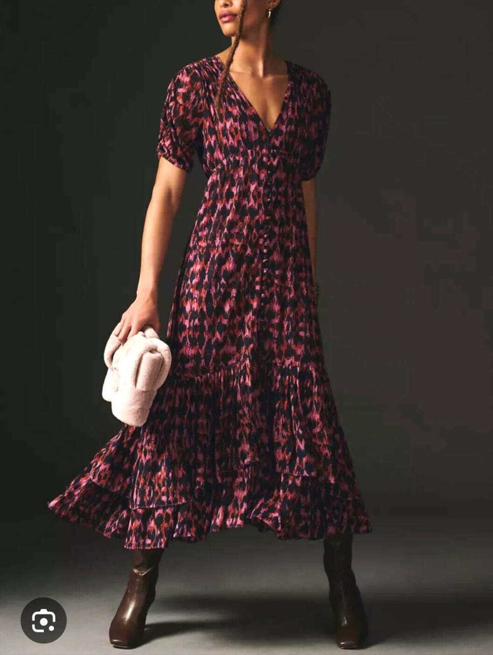 Anthropologie Pink and Navy Printed V-Neck Maxi Dress